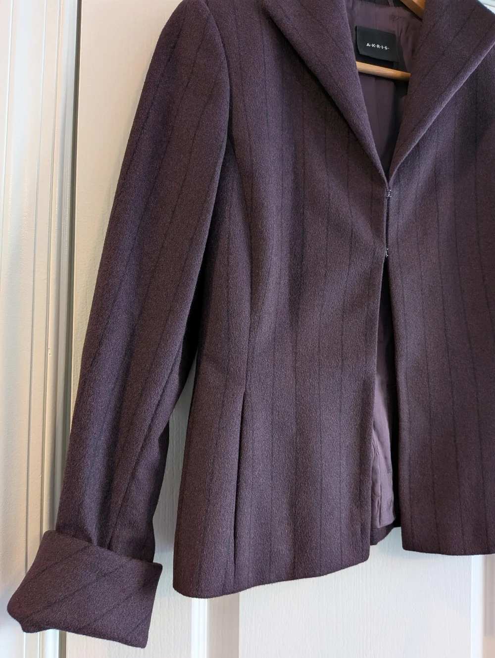 Akris Angora Wool Blazer Striped Purple Black Size 6 Luxury Old Money Classic